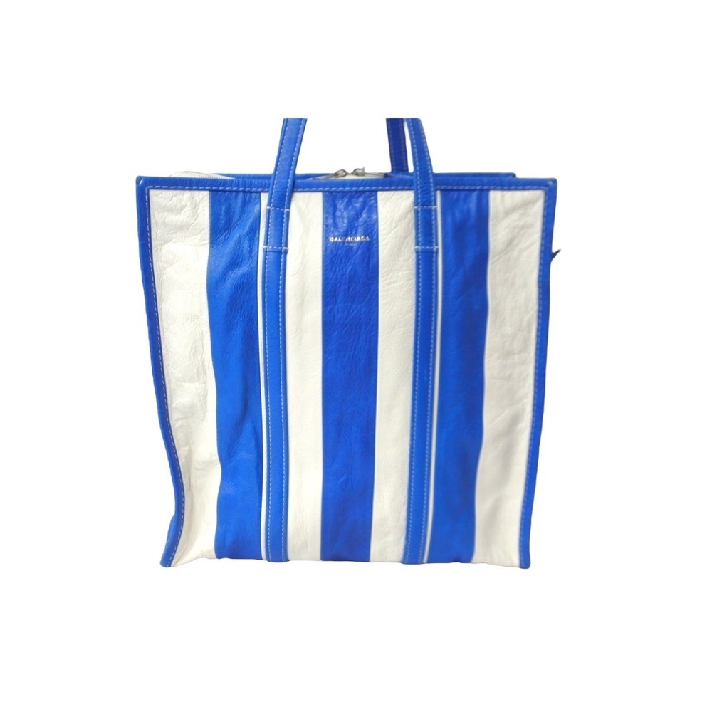 Balenciaga White Bazaar Shopper Bag Leather Blue Logo Tote